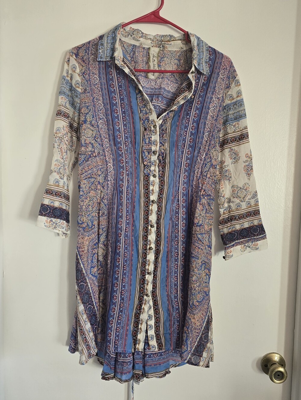 Aratta Silent Journey Blue Floral Cotton Long Sleeve Corset Back Tunic Blouse S